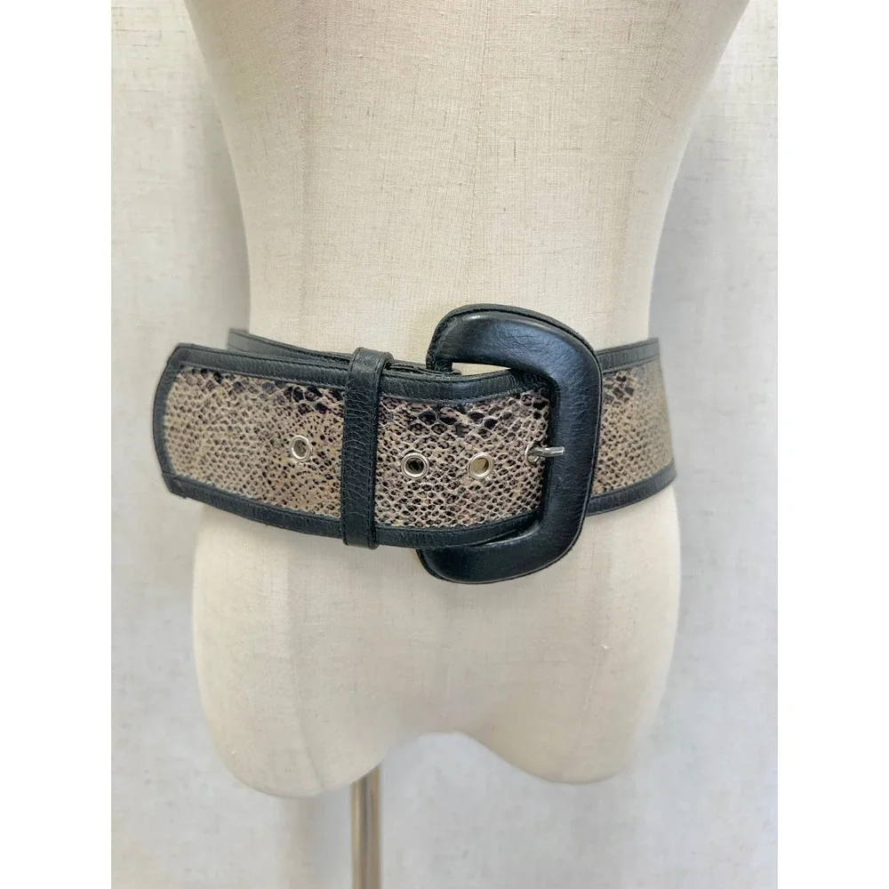 Leatherock Snakeskin Print Black Leather Wide Waist Belt Womens 34 6658 USA Made